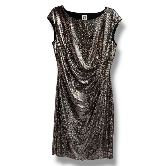 Anne Klein Size 12 Metallic Gold Ruched Cap Sleep Sheath Dress Knee Length NWT - Picture 4 of 12